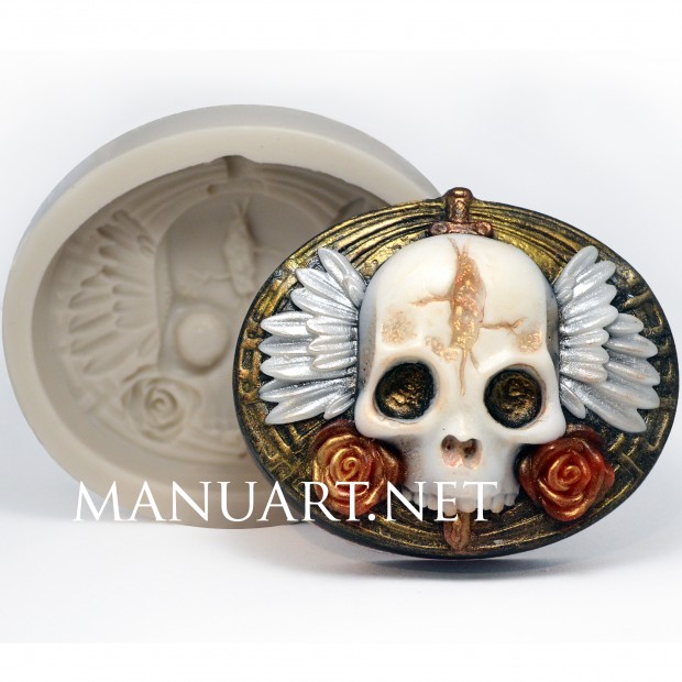 Silicone mold - Skull with wings and roses 2D - for making soaps, candles and figurines