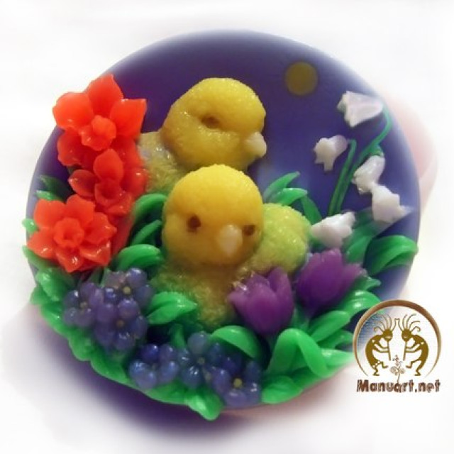 Silicone mold - Chickens in the flowers - for making soaps, candles and figurines