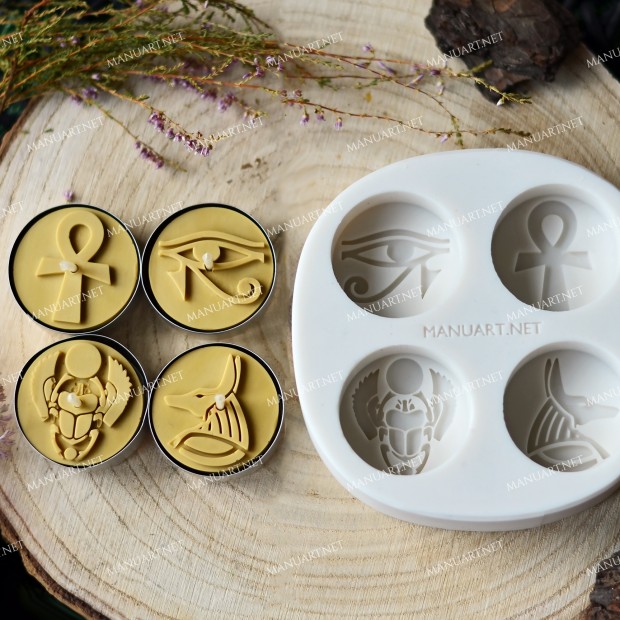 Silicone mold - Egyptian symbols four cavities tea light - for making soaps, candles and figurines