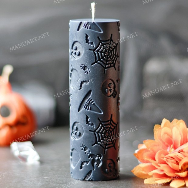 Silicone mold - Halloween cylinder with hats, webs, bats, spiders, skulls 100mm - for making soaps, candles and figurines